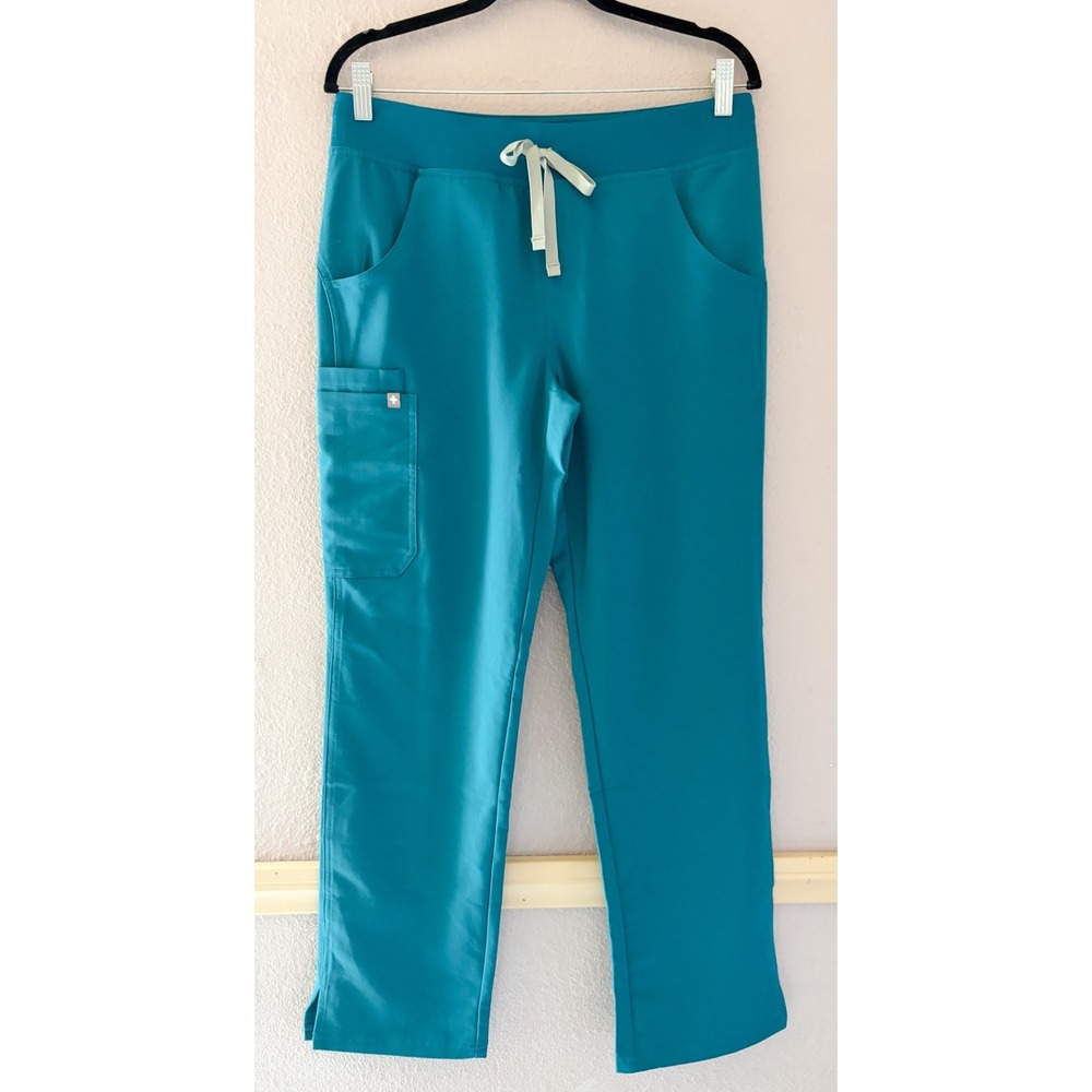 Figs Women's Straight Leg Scrub Pants in Teal with Cream Drawstring